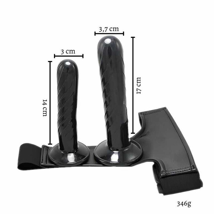 Doppelter schwarzer vibrierender Umschnalldildo